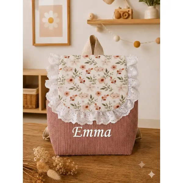 Sac à dos enfant maternelle personnalisé – velours rose poudre & motif floral