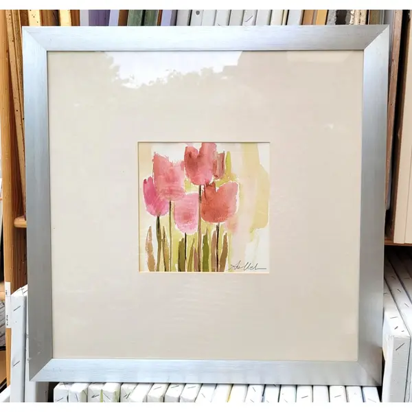 Peinture gouache "tulipes du jardin" sur papier canson, avec cadre aluminium : "jardin secret"