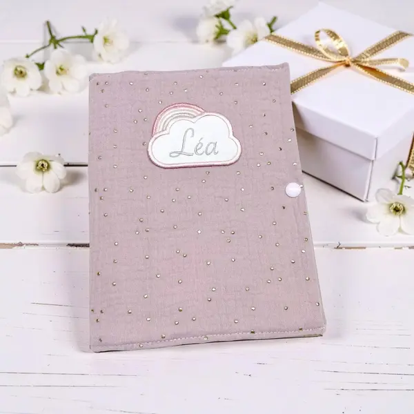 Protège carnet de santé, rose et pois doré avec prénom brodé