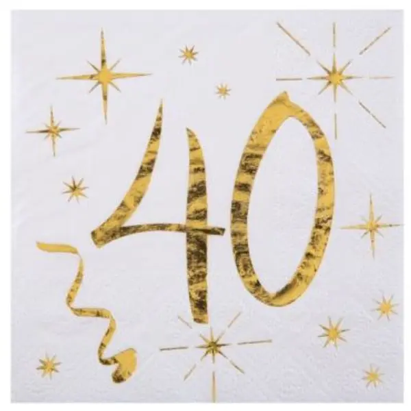 20 Serviettes en Papier Anniversaire - Blanc et Or - 40 ans