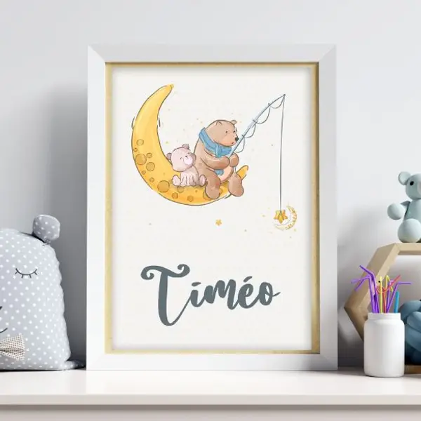 Affiche ours et lune personnalisée pour chambre d’enfant avec prénom