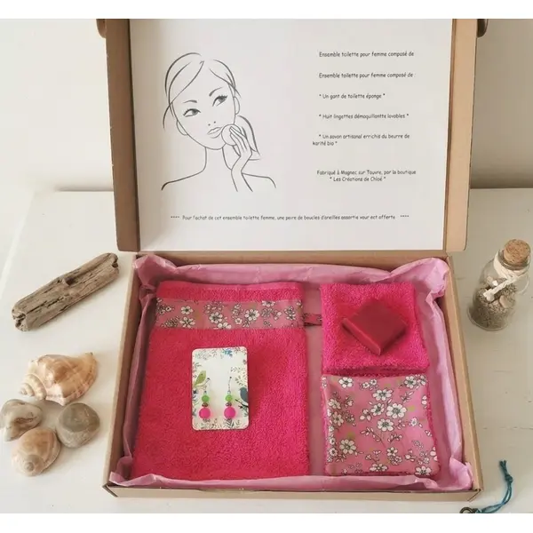Box gant de toilette et 8 lingettes couleur fuchsia