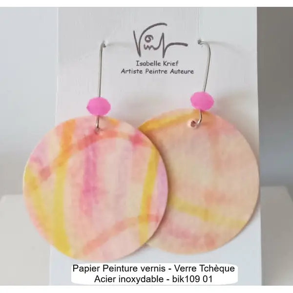 Boucles oreilles pop art funky disco,rose jaune orange,acier peinture papier et perles de verre tcheque,bijou de createur,fait mains en fran