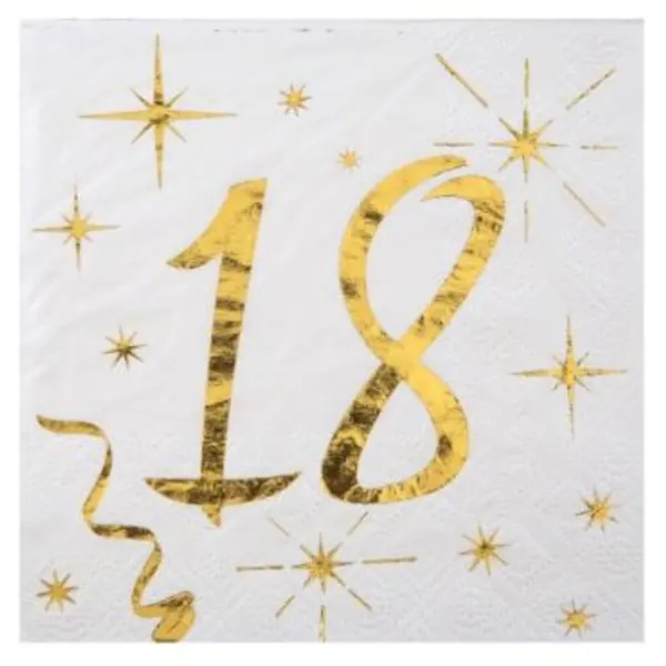 20 Serviettes en Papier Anniversaire - Blanc et Or - 18 ans