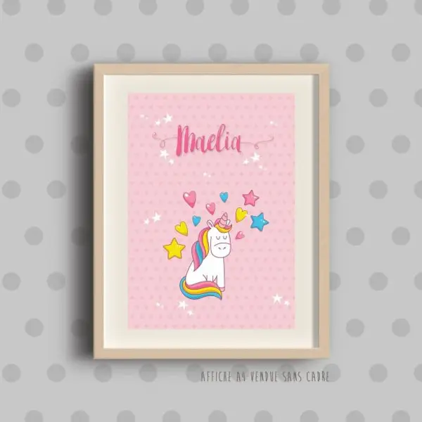 Affiche licorne rose personnalisée pour chambre d’enfant avec prénom