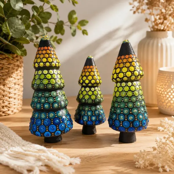 Lot de 3 sapins de noël en bois – peints à la main & pailletés