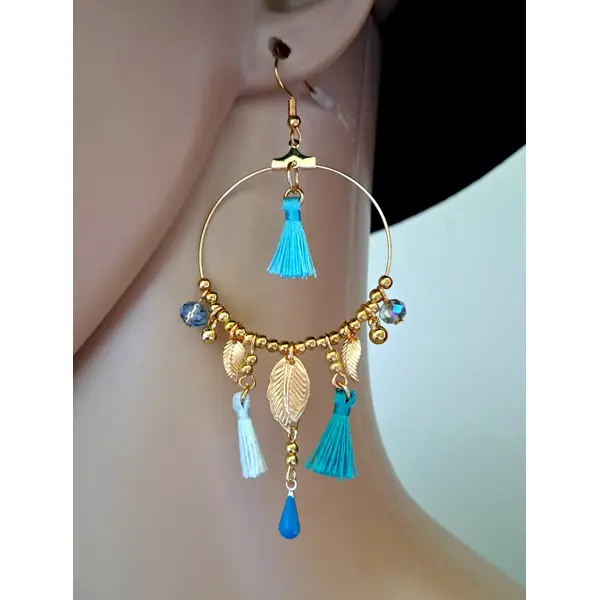 Boucle d'oreille ronde, pompons, feuille, goutte bleu émaillé, perles, crochets en métal acier inoxydable doré
