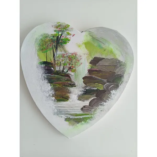 Suspension : coeur peint - chute d'eau 30x29 cm
