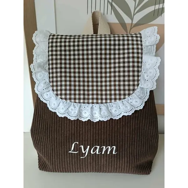 Sac à dos enfant maternelle personnalisé – velours marron & coton vichy