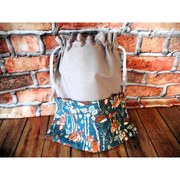 Sac à chaussons personnalisé, ecole crèche maternelle, coton taupe et animaux des bois, pochon enfant fille garçon