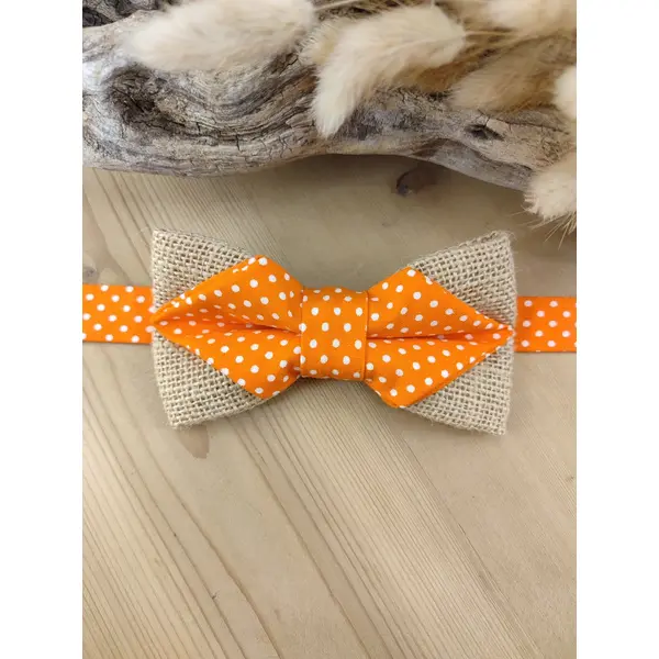 Noeud papillon homme/enfant en coton orange à pois blancs et toile de jute - pochette costume, bts de manchette - accessoires mariage