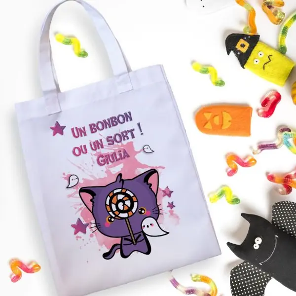 Tote bag enfant personnalisé Halloween Chat mauve