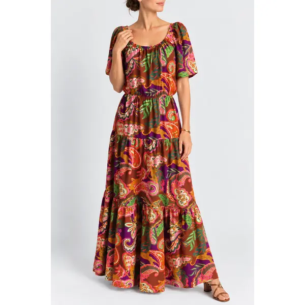 Robe longue femme en viscose imprimée cahemire – robe à volants – taille 42 – manches courtes – pièce unique