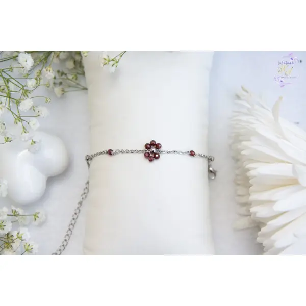 Bracelet "ardora" code : destock50 acier 316l et grenat 15 cm bijoux femme assembler mains (a847)