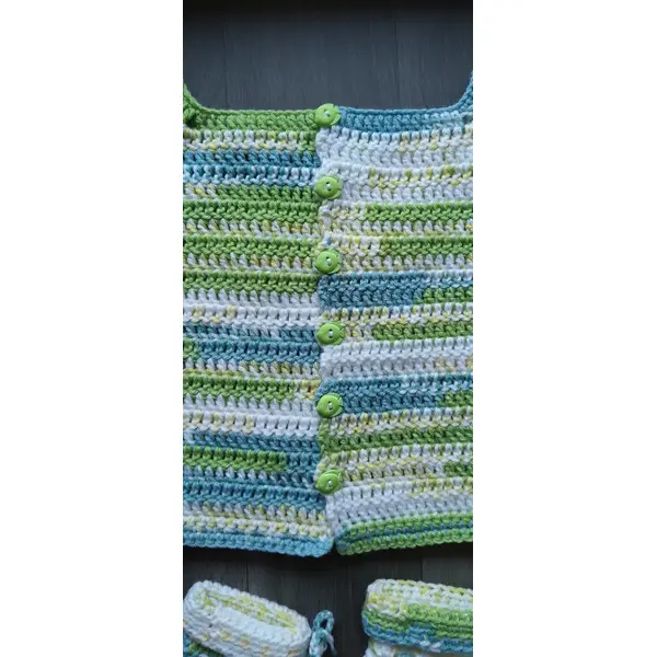Ensemble gilet et chaussons vert et blanc en laine acrylique pour bébé naissance / 3 mois