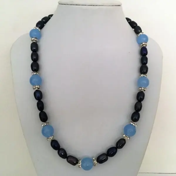 Collier perles de culture noires, aigue marine 49/54 cm bijou femme