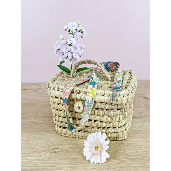 Tour de cou / porte-badge en coton gris fleuri