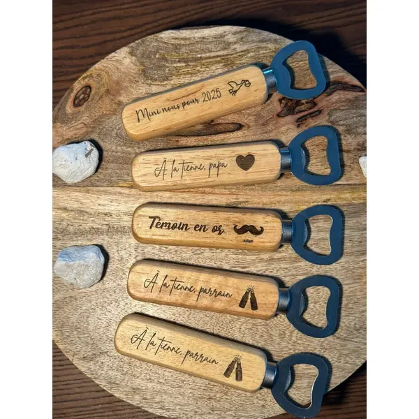Décapsuleur en bois à personnaliser - cadeau fête des pères, fête des mères, mariage, baptême, evg, evjv, témoin, annonce grossesse