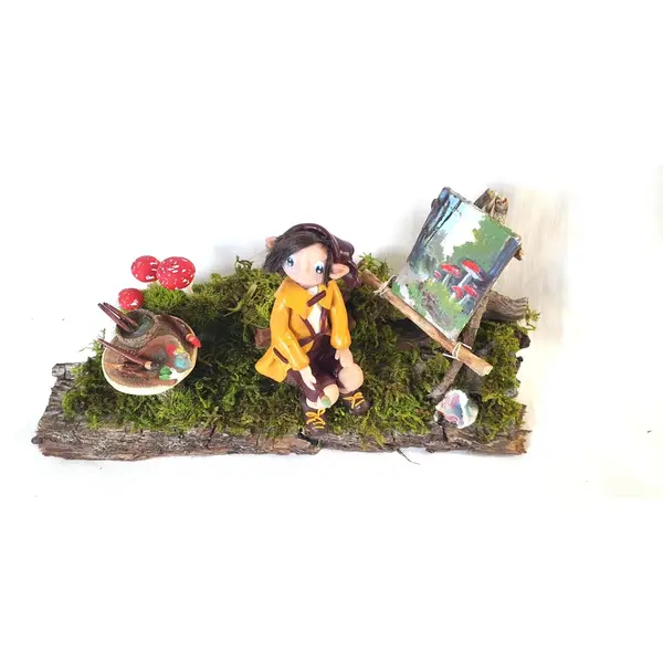 Lutin fimo fait main, figurine féerique artisanale, scène forêt magique, décoration elfique unique