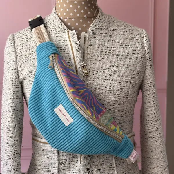 Sac banane velours bleu & coton coloré – accessoire femme fait main en france