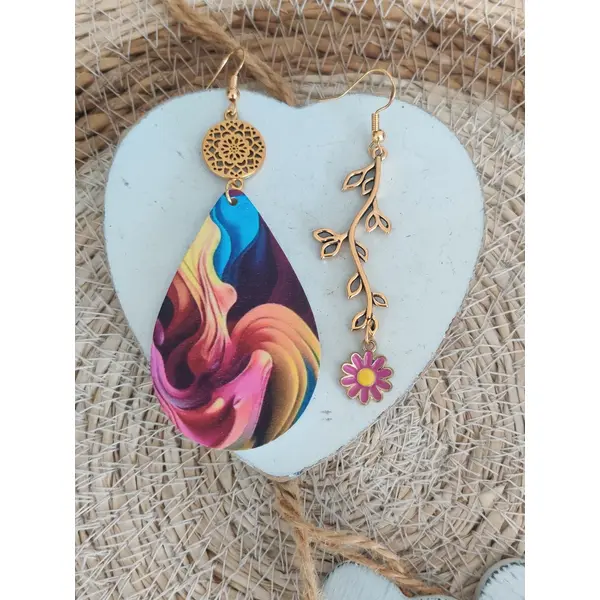 Boucle d'oreilles dépareillées, boucles asymétriques, bijoux en bois