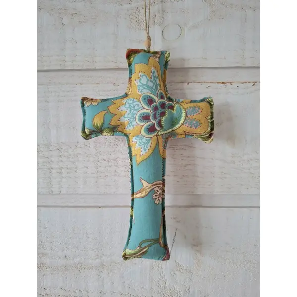 Croix en tissu (liberty rose et turquoise)