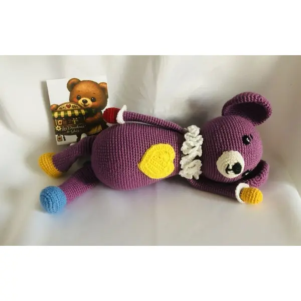 Doudou ours violet au crochet, peluche bébé en coton bio fait main les doudous de ghis