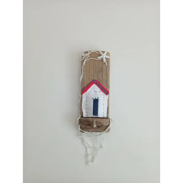 Porte clés mural marin : bois flotté/cabine de plage en tissu