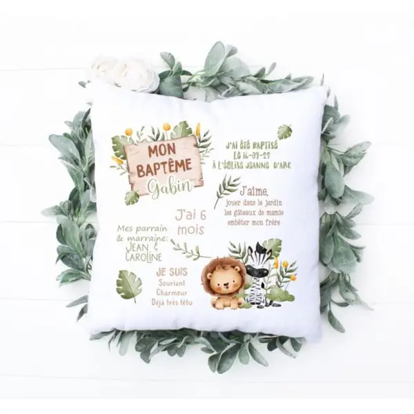 Coussin de baptême personnalisé - Jungle