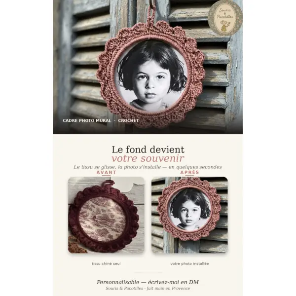 Cadre photo au crochet personnalisé — décoration murale vintage en coton et tissu