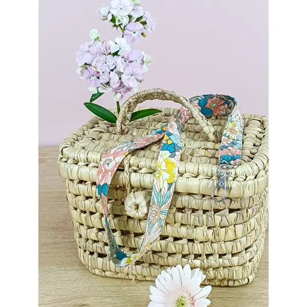 Tour de cou / porte-badge en coton gris fleuri