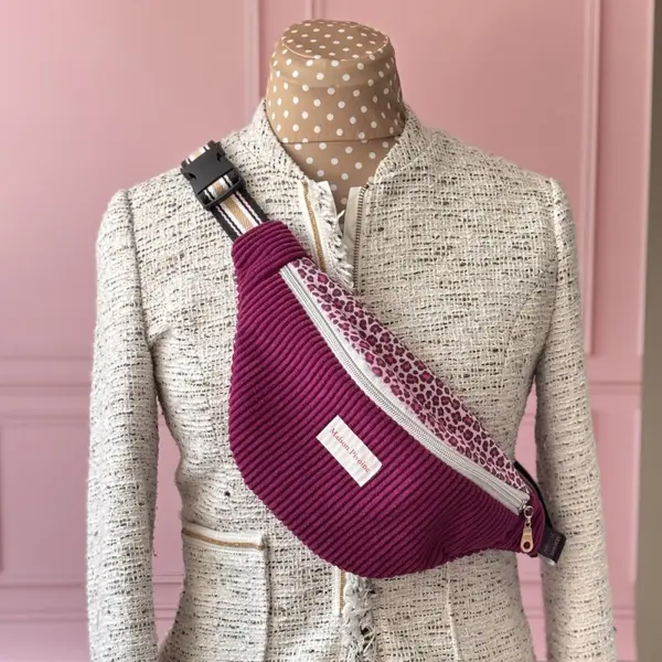 Sac banane velours prune & coton léopard rose – sacoche femme artisanale française