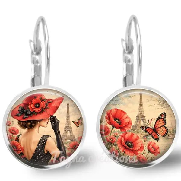 Boucle d'oreille femme de paris coquelicot argenté et verre dormeuses
