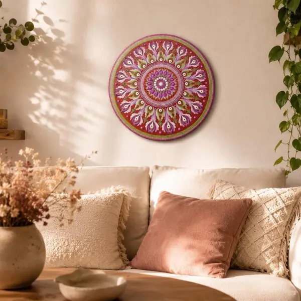 Tableau mandala en bois 40 cm – rose, prune & vert tendre avec strass – pièce unique