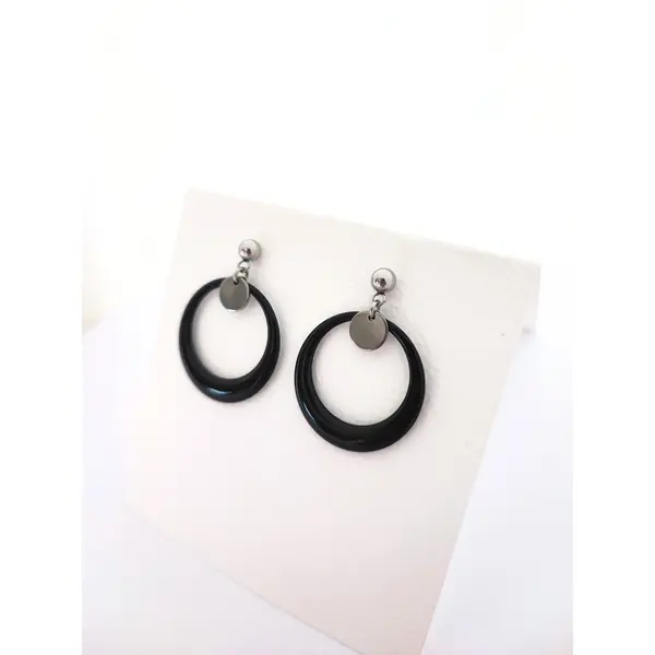 Boucles d’oreilles en acier inoxydable, anneaux émaillés noirs