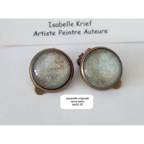 Aquarelle, clips d'oreilles laiton bronze avec cabochons en verre, peinture originale vert beige,bijou boho bobo gothique,cadeau fête