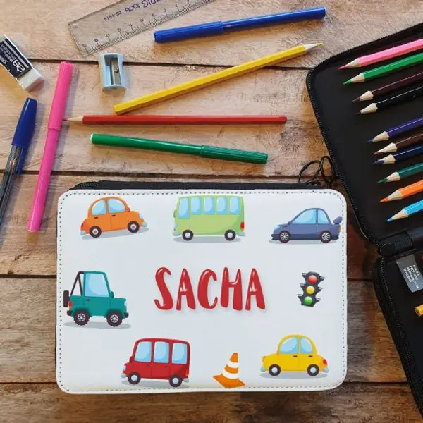 Trousse remplie crayons feutres personnalisée Voitures