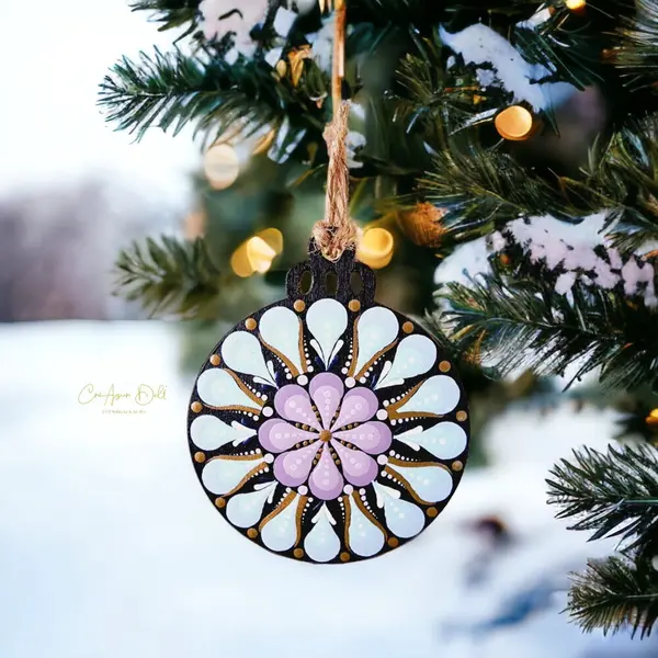 Boule de noël plate en bois – mandalas double face peints à la main