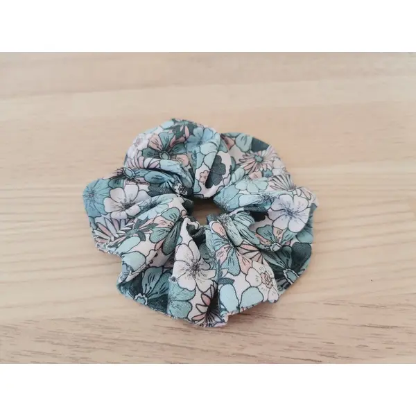 Chouchou fille coton vert turquoise motifs fleurs