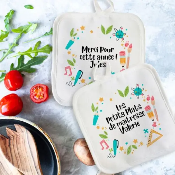 Duo Maniques personnalisées de cuisine pour Super maître / maîtresse / atsem