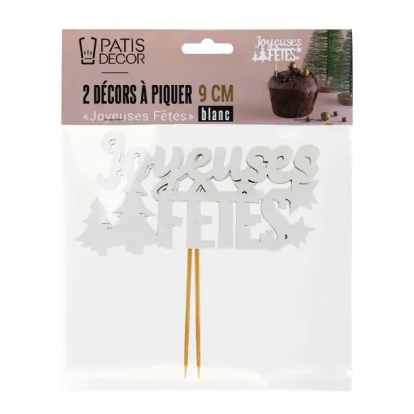 Décors sur pique "Joyeuses Fêtes" blancs (x2)