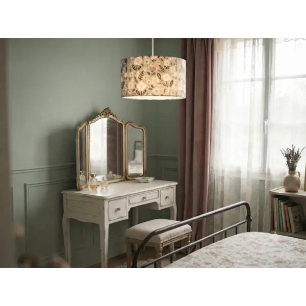 Abat-jour fleuri vert sauge – luminaire artisanal français, déco nature, romantique, campagne chic, bohème, salon chambre
