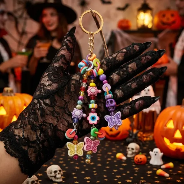 Porte cles confettis multicolore tête de morts tortues papillons bijou de sac décalé festif unique