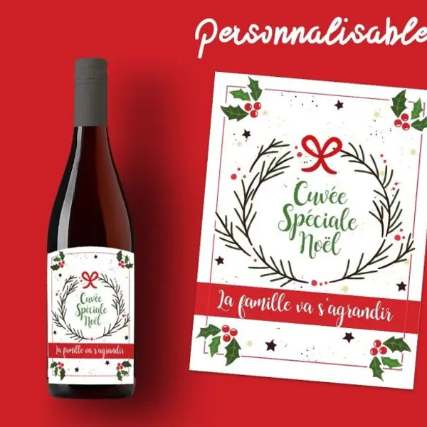 Etiquette personnalisable bouteille vin Spécial Noël|annonce grossesse