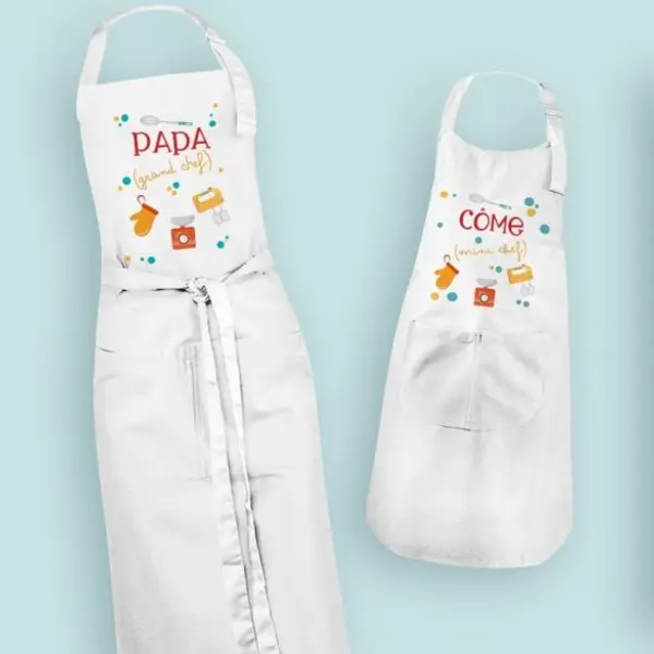 Duo de tablier de cuisine blanc, personnalisés, motifs ustensiles