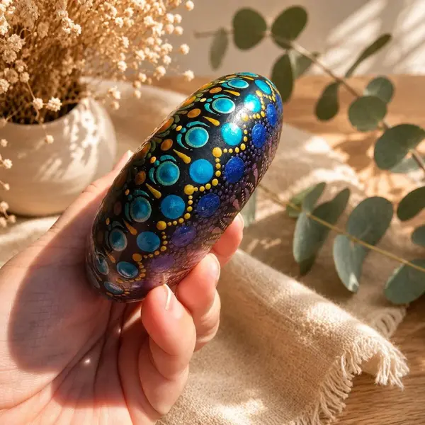 Bougeoir mandala en plâtre résine – bleu, doré & cuivré – peint à la main