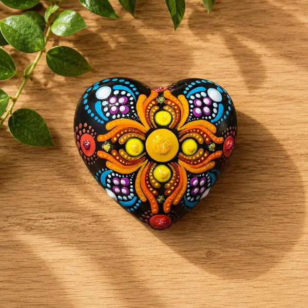Petite pierre cœur mandala multicolore – peinte à la main – pièce unique