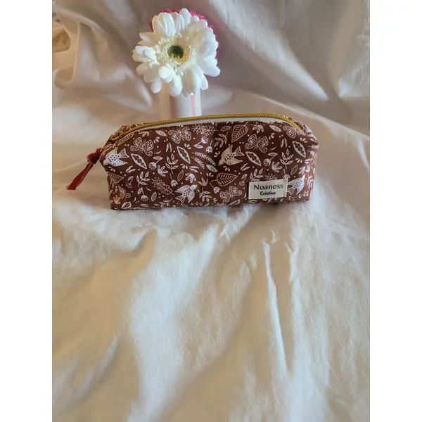 Trousse à crayons en coton marron - trousse scolaire doublée de molleton- fait main - cadeau femme
