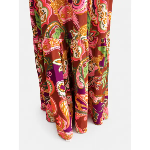Robe longue femme en viscose imprimée cahemire – robe à volants – taille 42 – manches courtes – pièce unique
