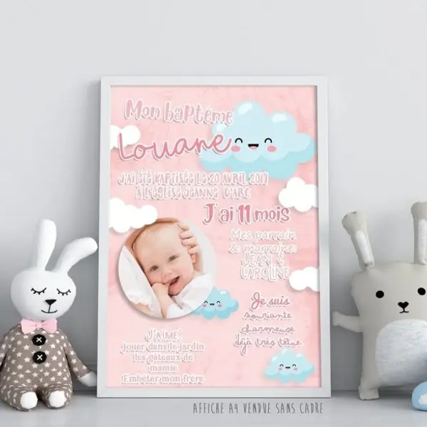Affiche de baptême personnalisée à encadrer - Nuage rose